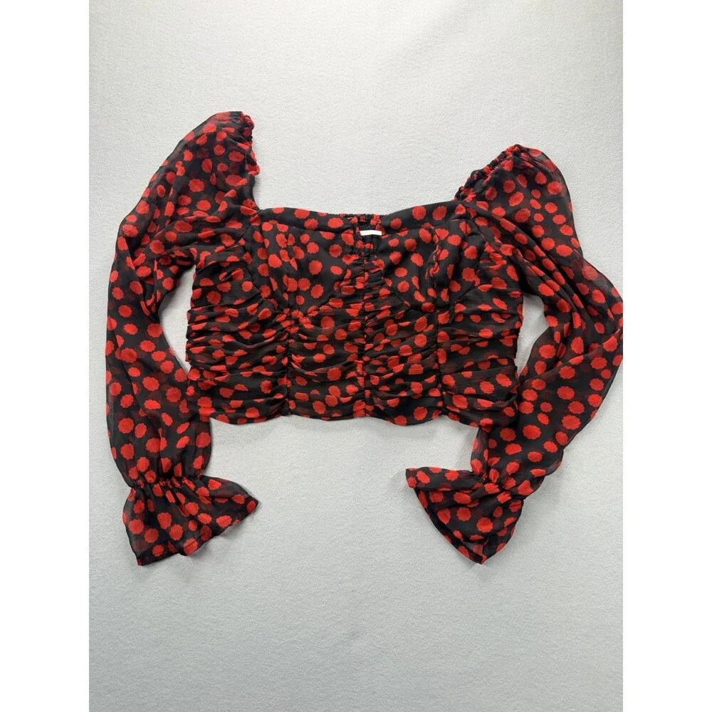 Free People Blouse Womens M Black Red Polka Dot Cropped Balloon Sleeve Top